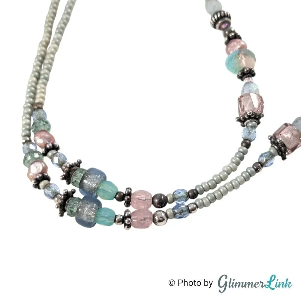 Sterling Multicolor Pastel Glass Pink Pearl Seed Bead Necklace